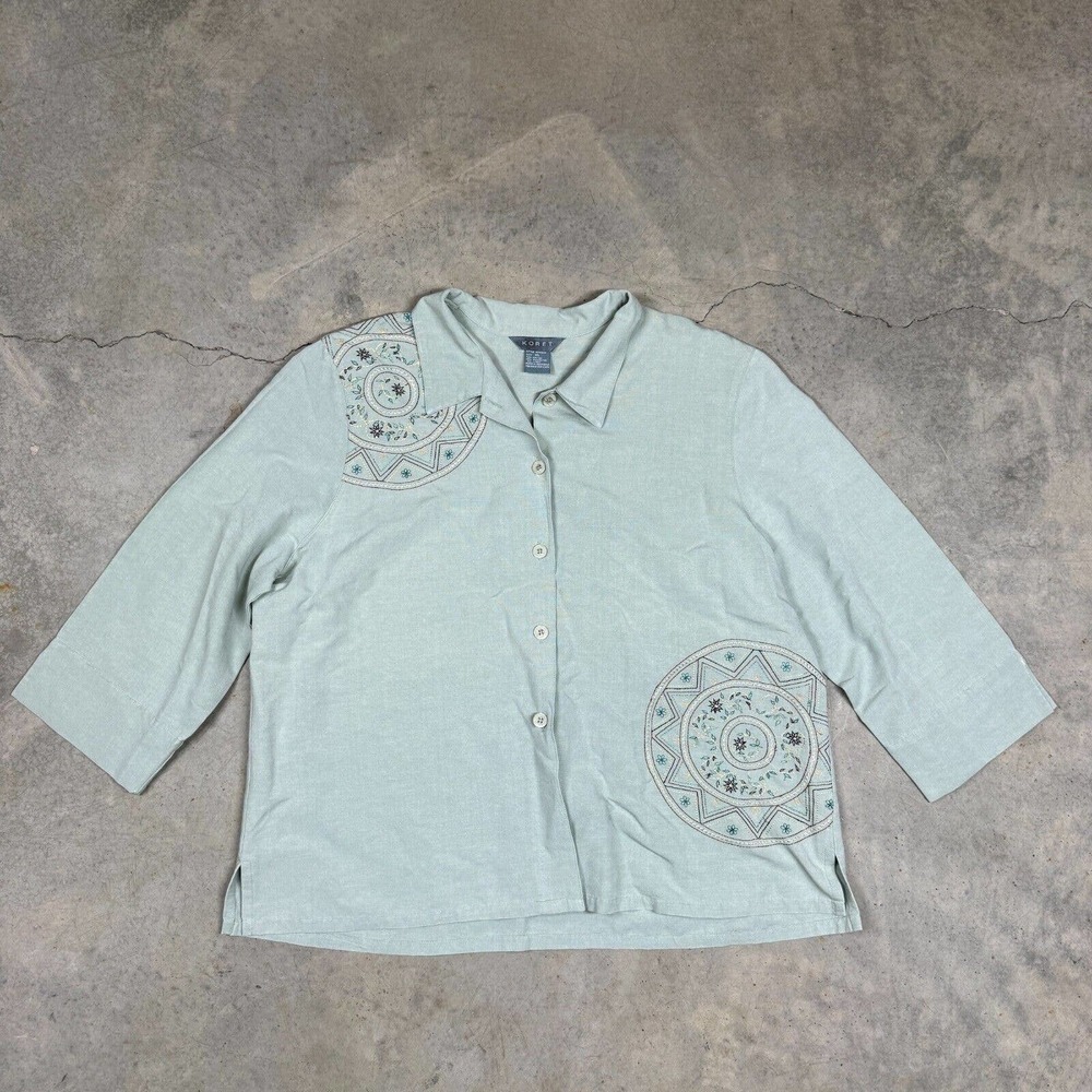 Koret Womens Top Button Front Shirt Embroidered Sun Pattern Floral Linen Blnd XL